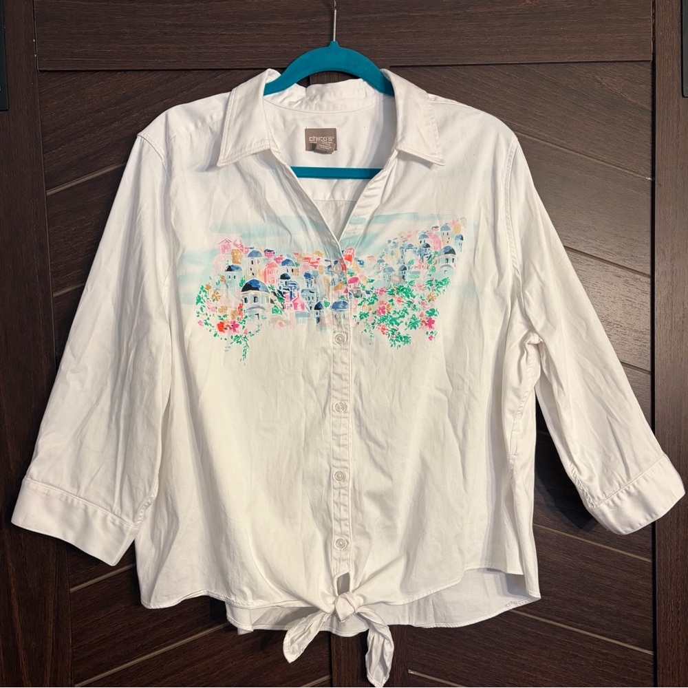 Chico’s Mediterranean scene button down tie waist v neck collared top. XL